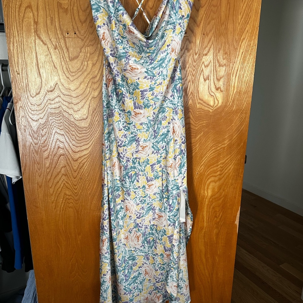 Astr Backless Floral Dress in Blue and Yellow